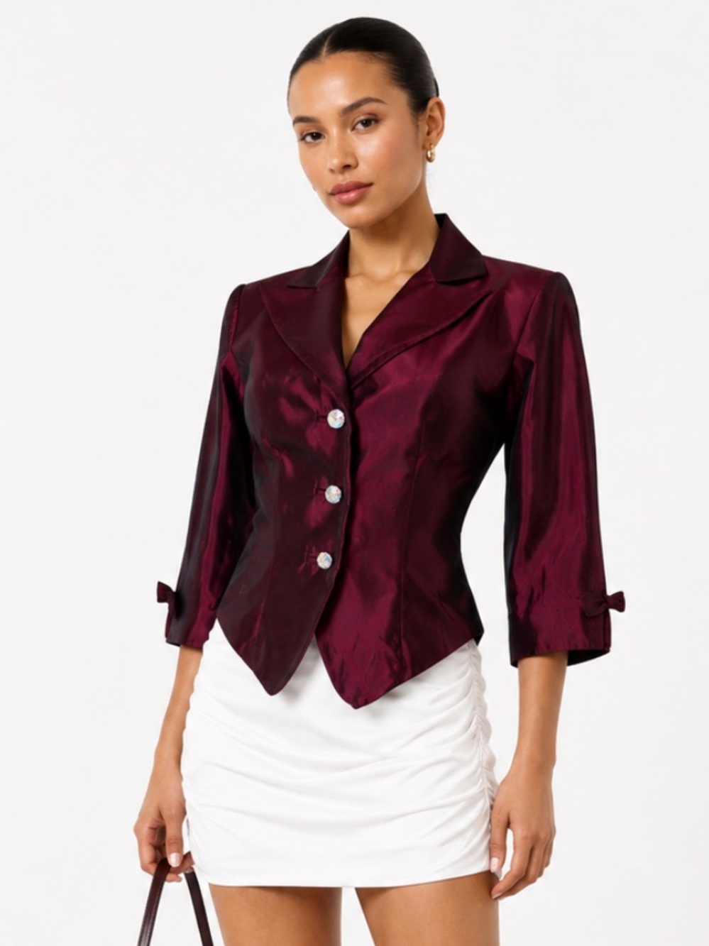 JS COLLECTIONS Burgundy Collared Button Blazer Jacket 3/4 Sleeve Size 6